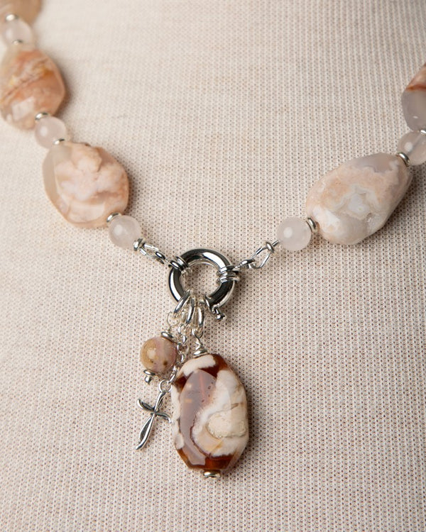 Jennifer’s Flower Agate and Lepidolite Cross Necklace