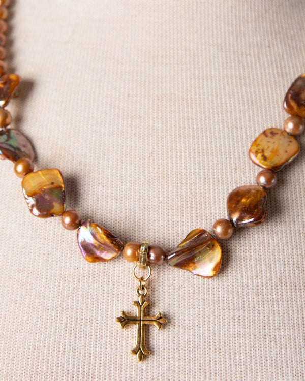Jennifer’s Golden Pearl Cross Necklace