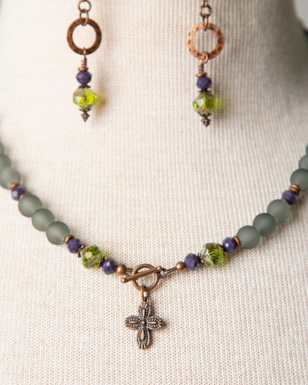 Jennifer's Grey, Green, Purple and Copper Cross Necklace and Earring Set