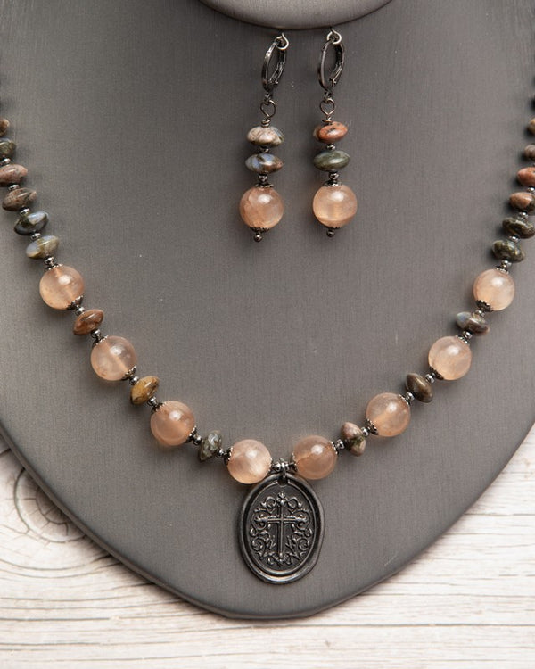 Jennifer’s Peach Moonstone and Llanite Necklace and Earring Set
