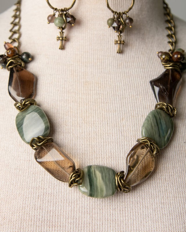 Jennifer's Smokey Quartz and Jasper Cross Earring and Necklace Set