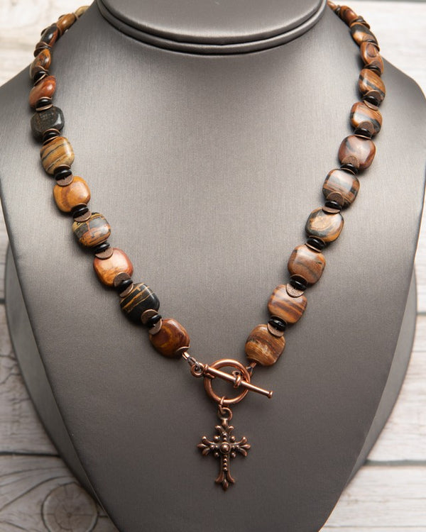 Jennifer’s Tiger Iron Copper Cross Necklace