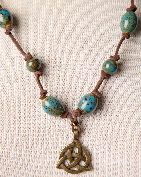 Jennifer's Unisex Leather and Ceramic Trinity Knot Necklace
