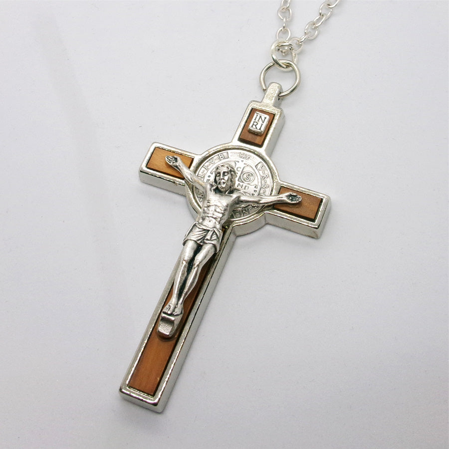 Kelly's Olive Wood Inlaid St. Benedict Crucifix Necklace