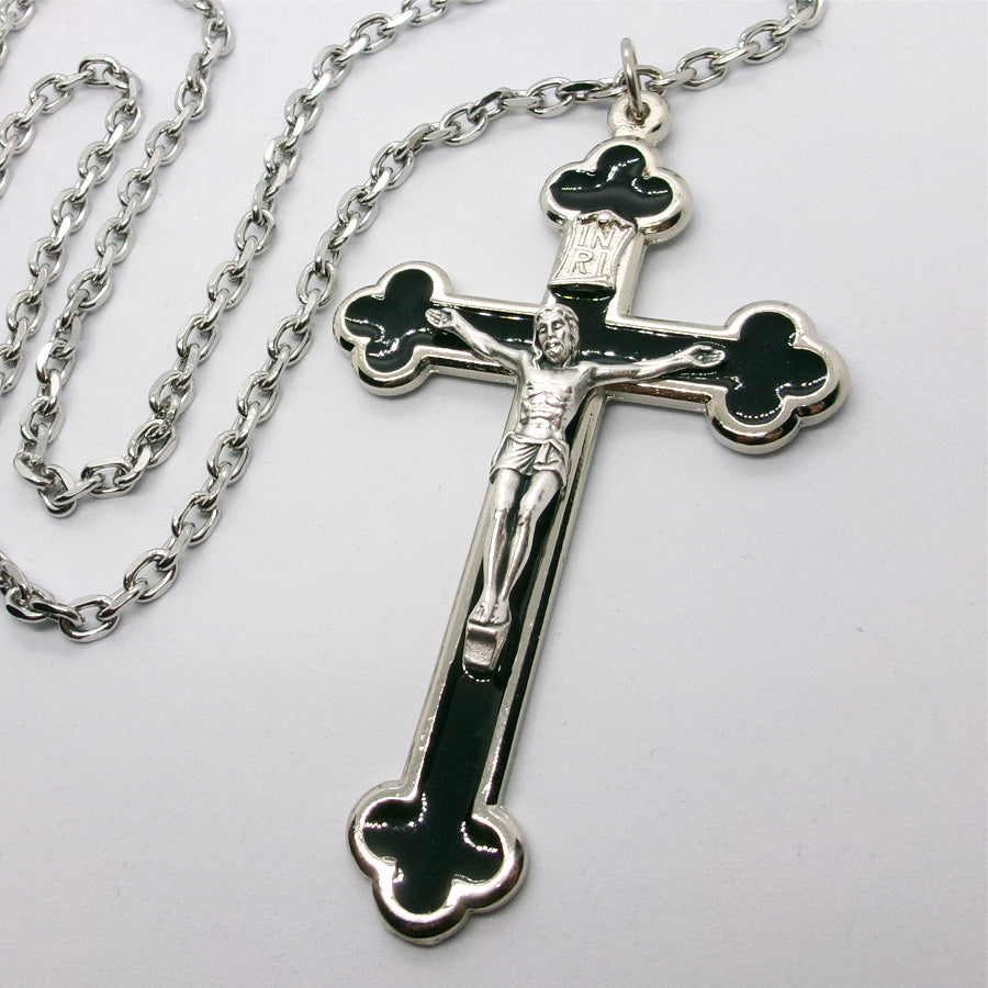 Kelly's XL Black Enamel Budded Crucifix Necklace