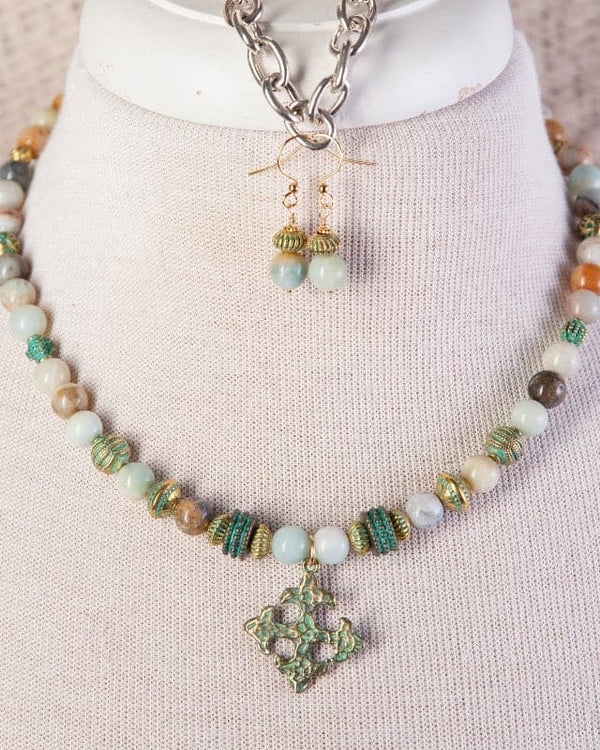 Jennifer’s Amazonite Verdigris Cross Necklace and Earring Set
