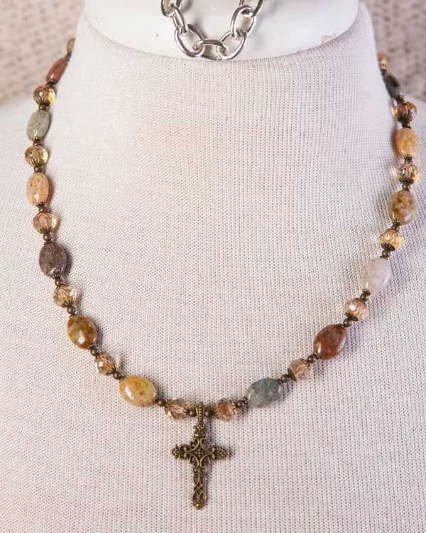 Jennifer’s Jasper Brass Filigree Cross Necklace and Earring Set