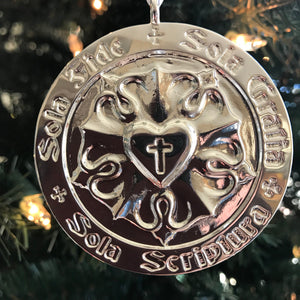 Ad Crucem Luther Rose Christmas Pewter Ornament English and Latin Solas