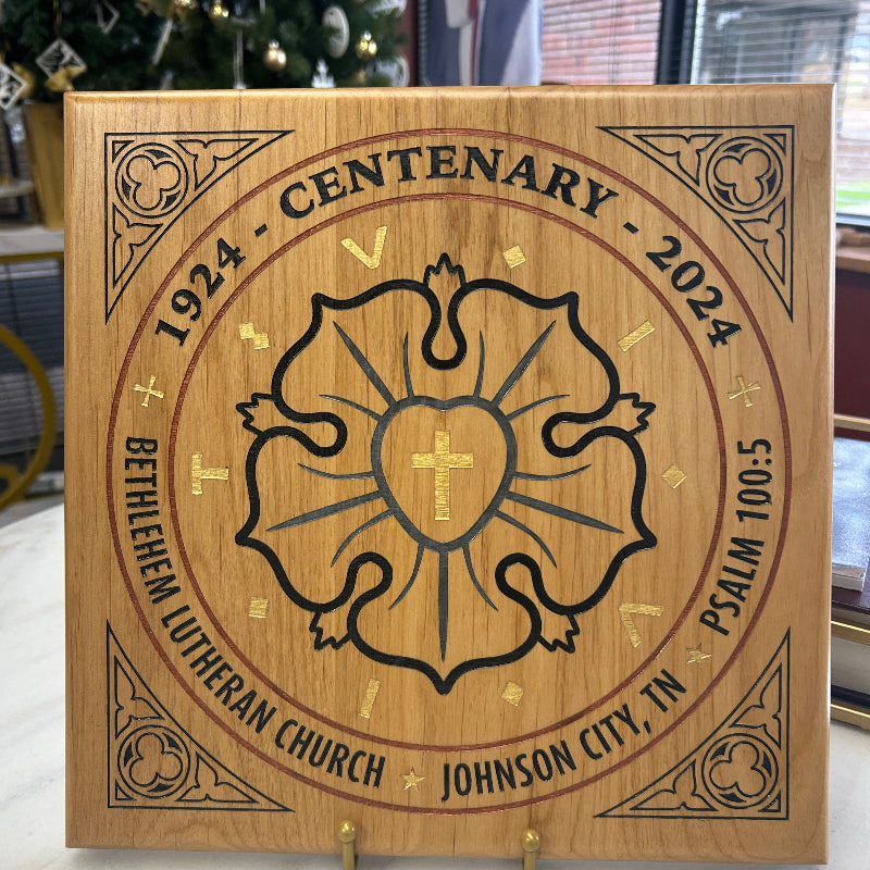 Ad Crucem Personalized Recognition Wood Plaque - Luther Rose OR Trinity Symbol