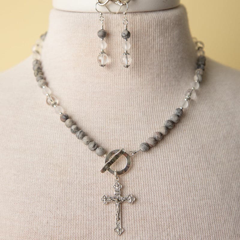 Jennifer’s Brazilian Gray Picasso Jasper Crucifix necklace and earring set