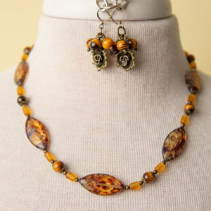 Jennifer’s Tiger Eye and Czech Glass Trinity Rose necklace and earring set