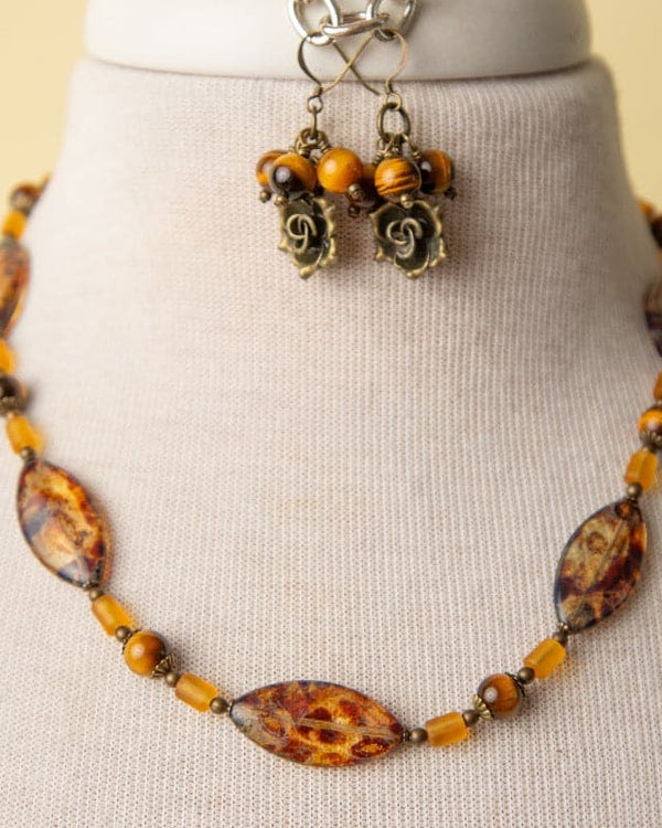 Jennifer’s Tiger Eye and Czech Glass Trinity Rose necklace and earring set