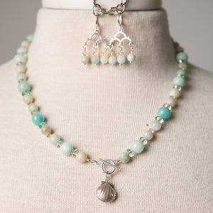 Jennifer's Amazonite, Crystal, and Silver Shell Necklace and Earring Set