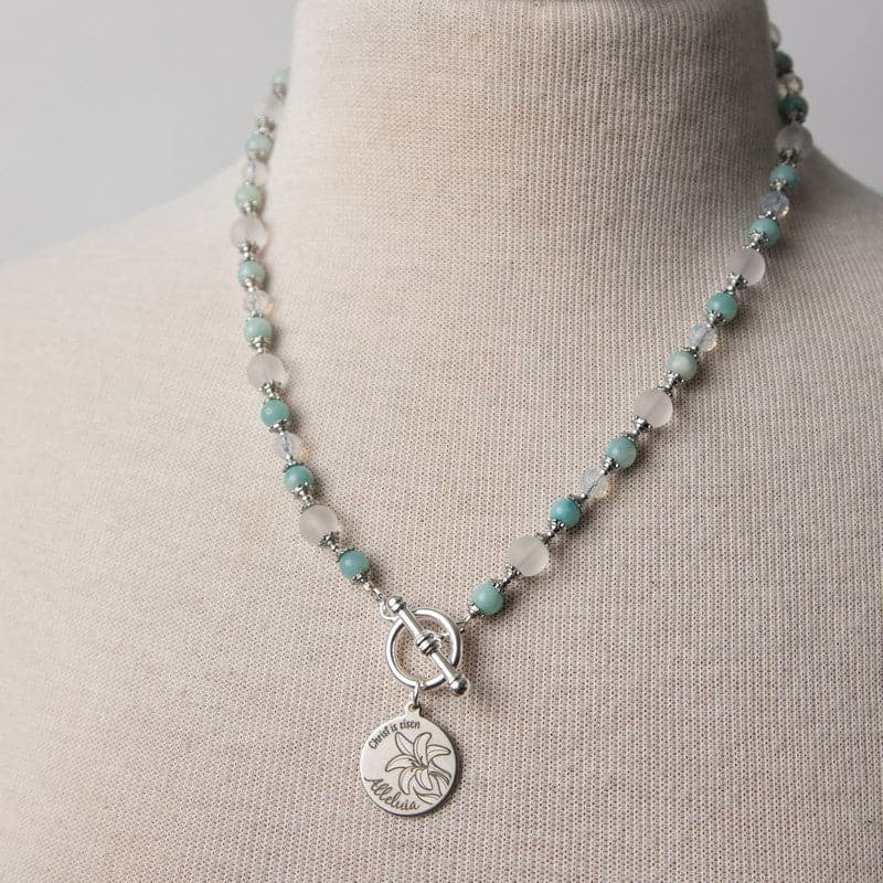 Jennifer’s Amazonite, Crystal, and glass Alleluia, Easter Lily Necklace