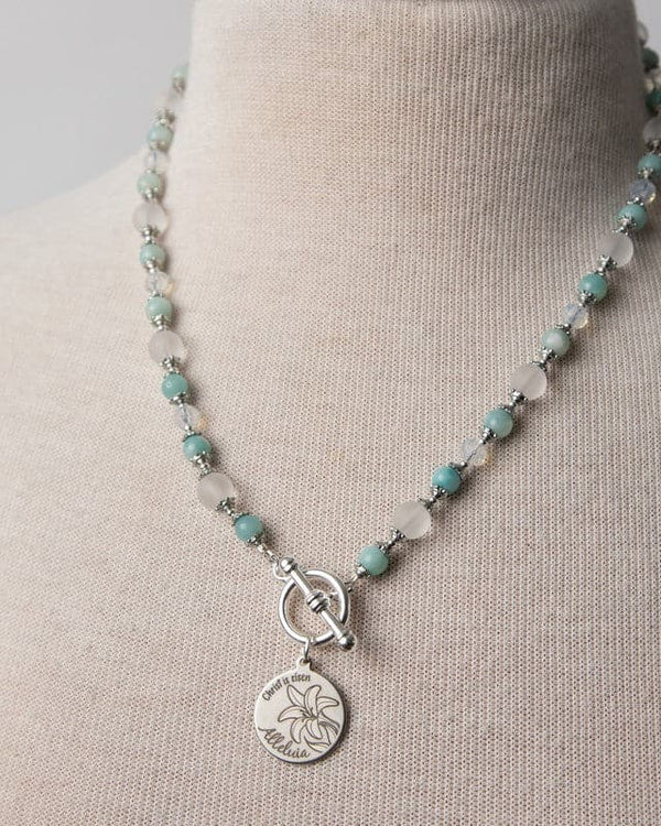 Jennifer’s Amazonite, Crystal, and glass Alleluia, Easter Lily Necklace
