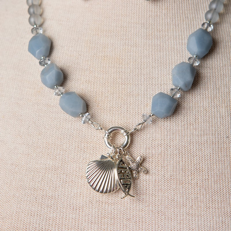 Jennifer's Angelite Shell Locket Necklace and Earring Set