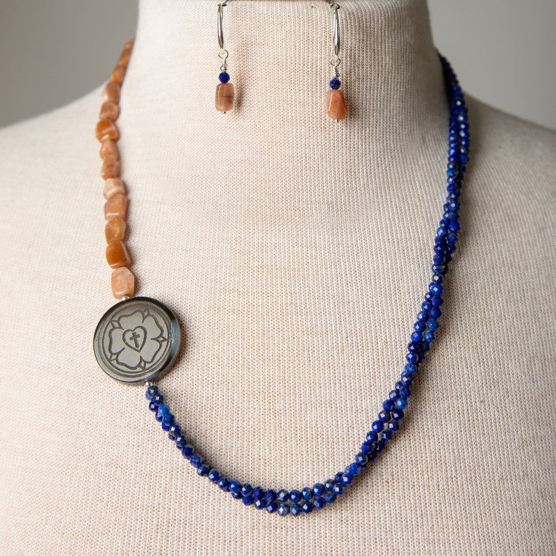 Jennifer's Asymmetrical Lapis and Sunstone Luther's Rose Necklace and Earring Set