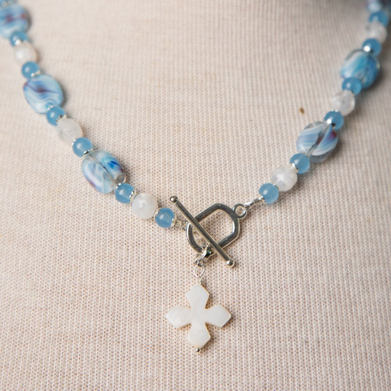 Jennifer's Blue Agate and Swirled Glass, Cross Necklace and Earring Set