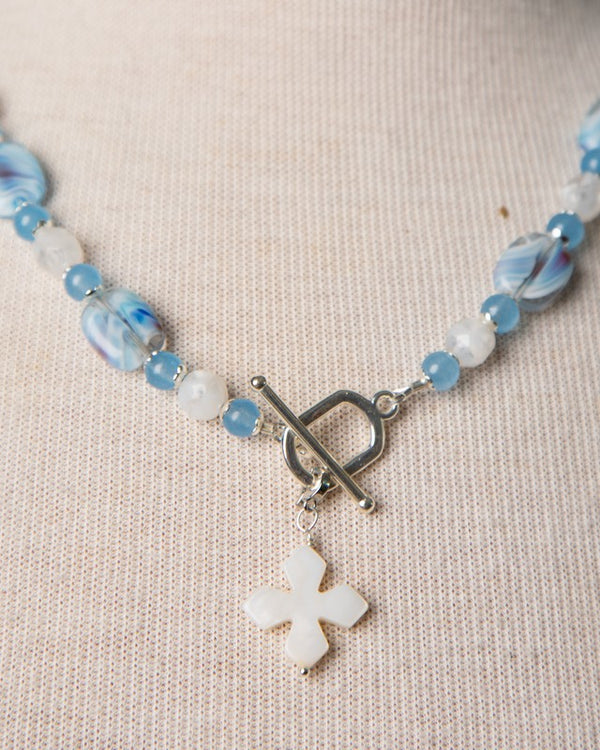 Jennifer's Blue Agate and Swirled Glass, Cross Necklace and Earring Set