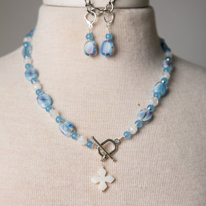 Jennifer's Blue Agate and Swirled Glass, Cross Necklace and Earring Set