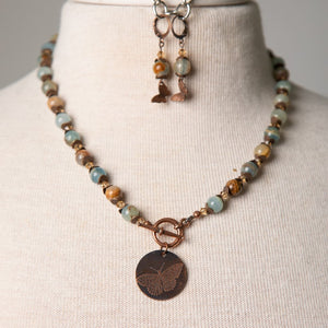 Jennifer's Blue Calcite, Crystal, and Copper Butterfly Necklace and Earring Set