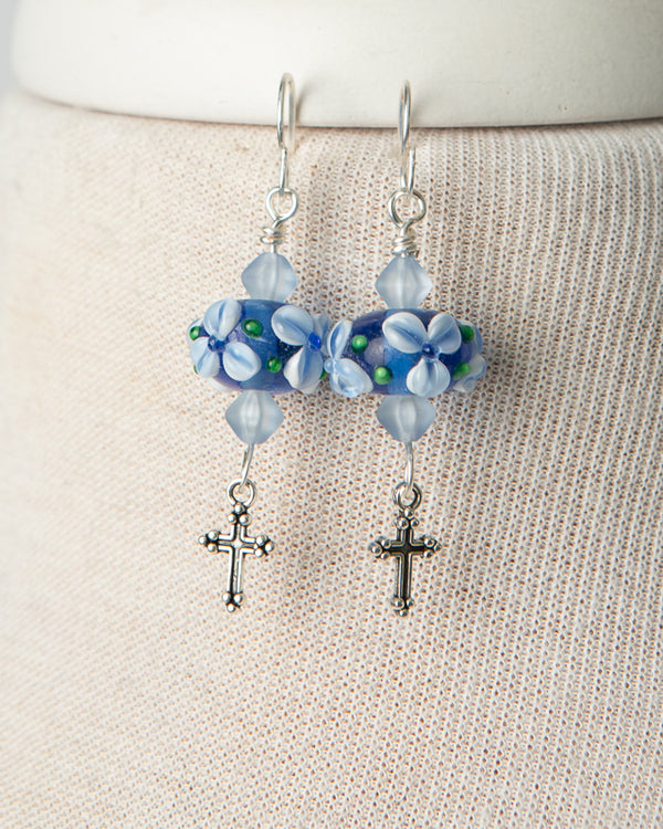 Jennifer’s Blue Floral Handmade Lampwork Glass Cross Earrings