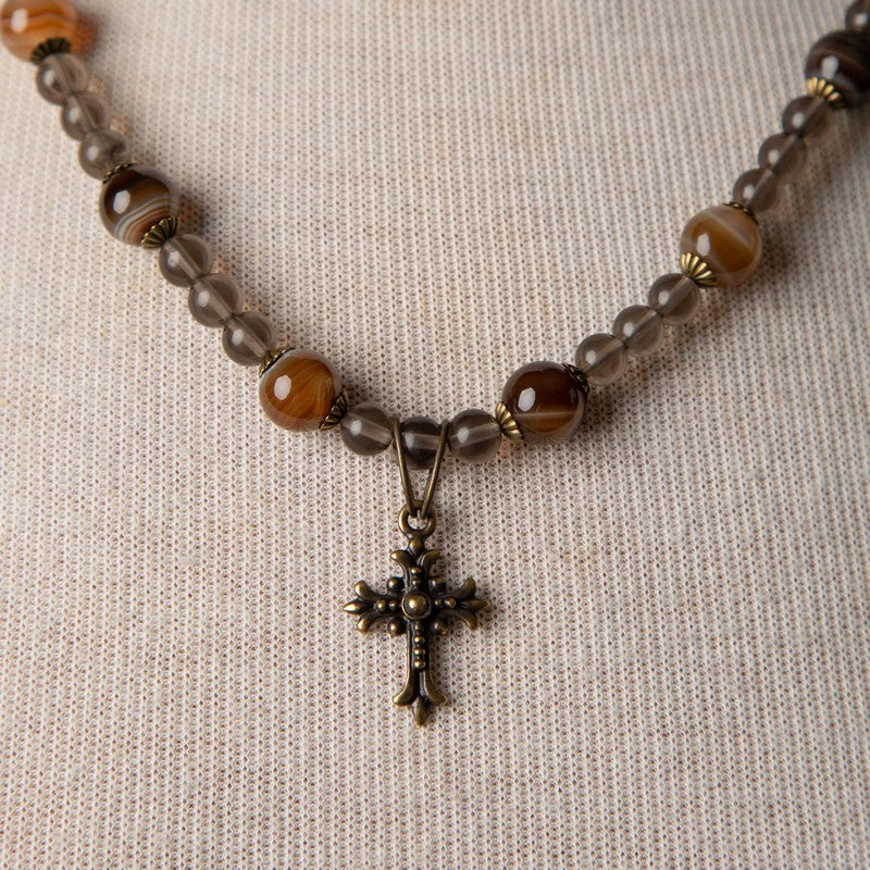 Jennifer's Botswana Agate and Smokey Quartz Cross Necklace