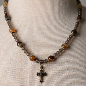 Jennifer's Botswana Agate and Smokey Quartz Cross Necklace
