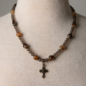 Jennifer's Botswana Agate and Smokey Quartz Cross Necklace