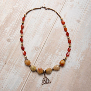 Jennifer’s Carnelian and Yellow Jade Trinity Knot Necklace