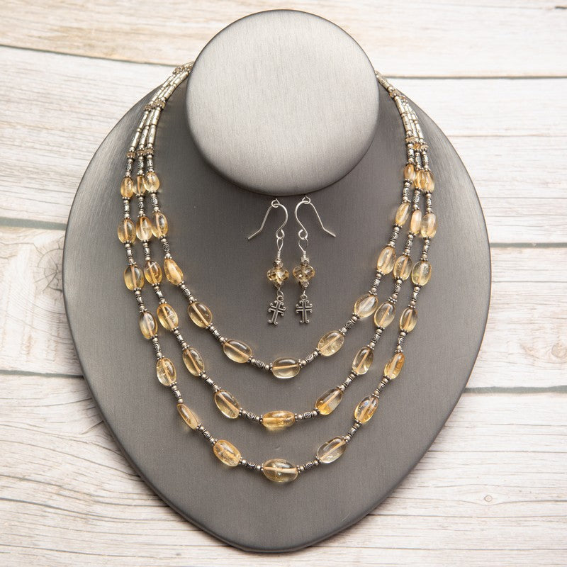 Jennifer’s Citrine Multi-Strand Necklace and Cross Earring Set