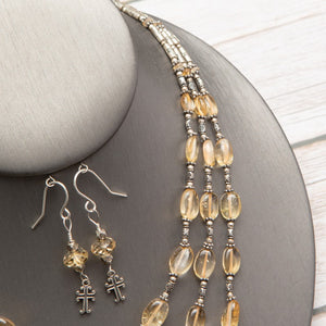 Jennifer’s Citrine Multi-Strand Necklace and Cross Earring Set
