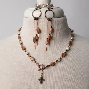 Jennifer’s Copper Sunstone and Moonstone Cross Necklace and Earring Set
