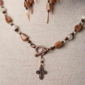Jennifer’s Copper Sunstone and Moonstone Cross Necklace and Earring Set