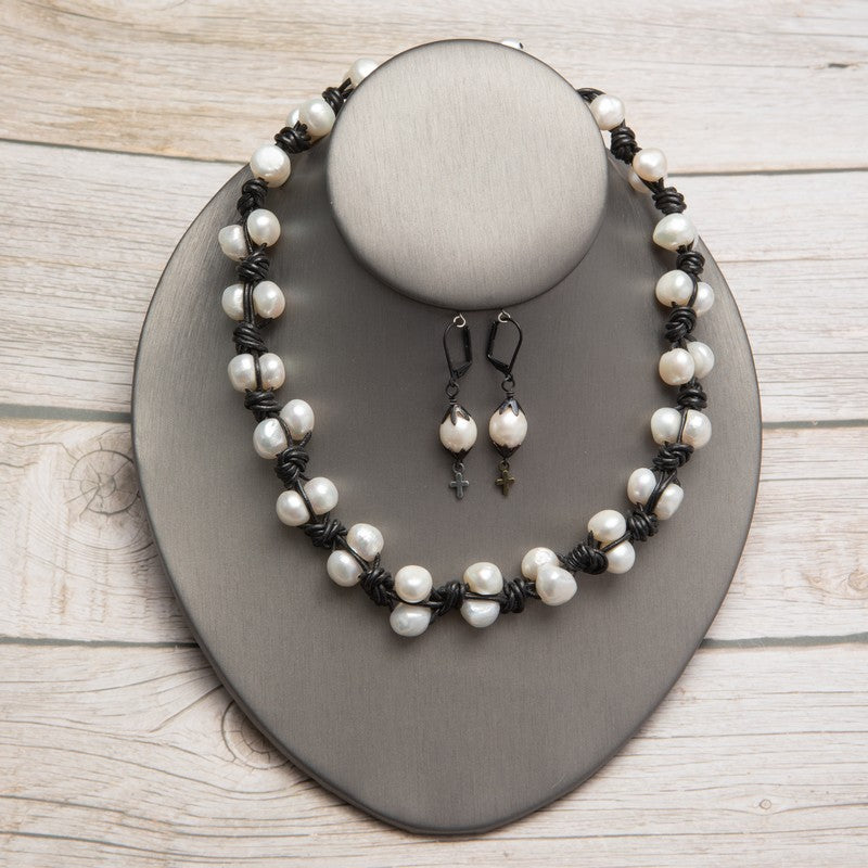 Jennifer's Freshwater Pearl and Leather Necklace with Cross Earring Set