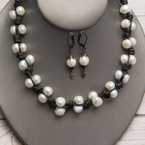 Jennifer's Freshwater Pearl and Leather Necklace with Cross Earring Set