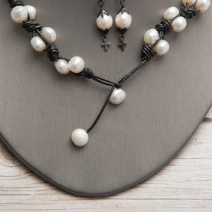 Jennifer's Freshwater Pearl and Leather Necklace with Cross Earring Set