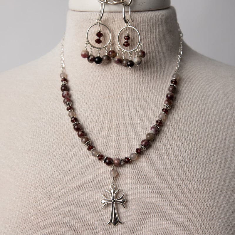 Jennifer’s Garnet, Agate, and Eudalyte Cross Necklace and Earring Set