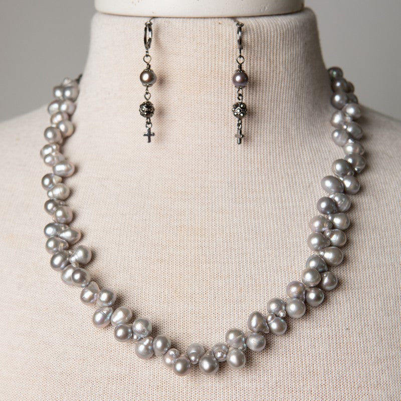 Jennifer's Gray Pearl Necklace and Cross Earrings Set