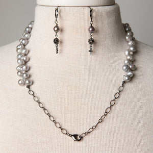 Jennifer's Gray Pearl Necklace and Cross Earrings Set