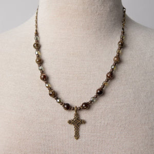 Jennifer’s Green Garnet and Czech Glass, Filigree Cross Necklace