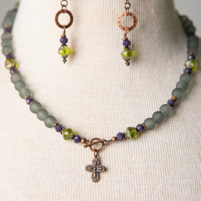 Jennifer's Grey, Green, Purple and Copper Cross Necklace and Earring Set