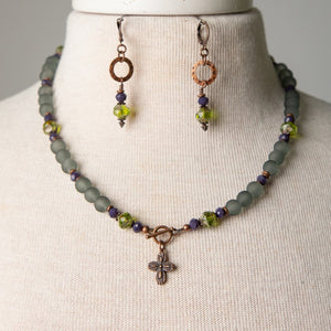 Jennifer's Grey, Green, Purple and Copper Cross Necklace and Earring Set