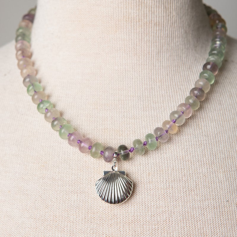 Jennifer's Hand Knotted Fluroite Shell Locket Necklace