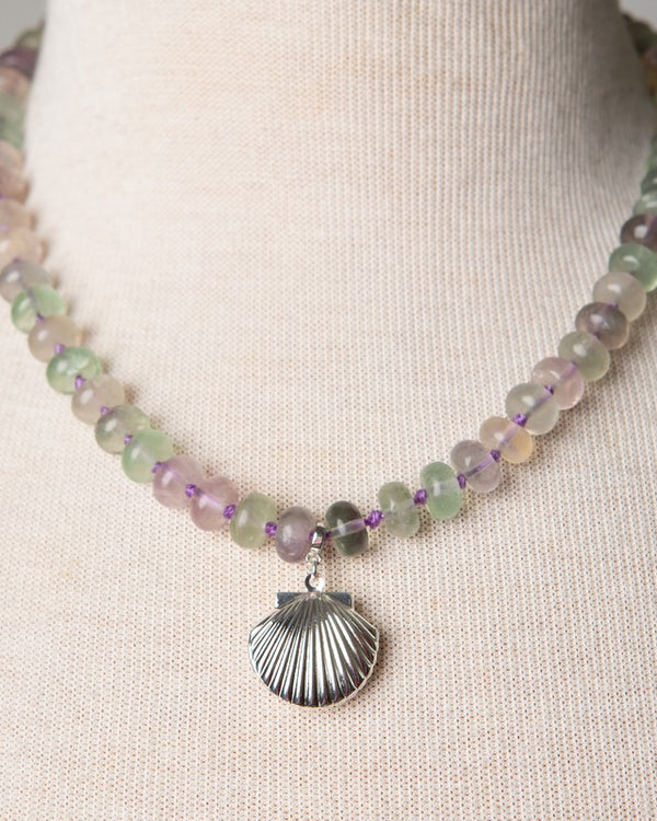 Jennifer's Hand Knotted Fluroite Shell Locket Necklace