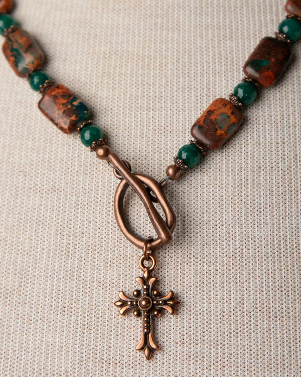 Jennifer’s Impression Jasper, Jade, and Copper Cross Necklace