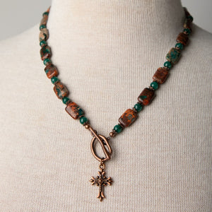 Jennifer’s Impression Jasper, Jade, and Copper Cross Necklace