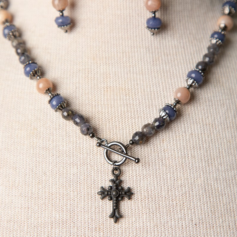 Jennifer's Iolite and Peach Moonstone Cross Necklace and Earring Set