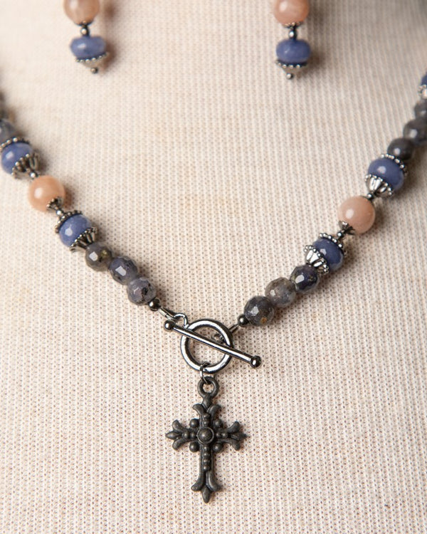 Jennifer's Iolite and Peach Moonstone Cross Necklace and Earring Set