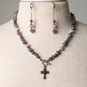 Jennifer's Iolite and Peach Moonstone Cross Necklace and Earring Set